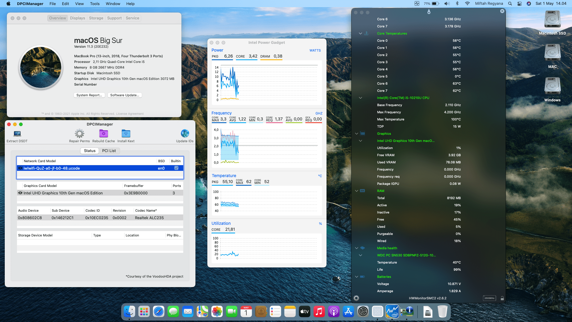 Success Hackintosh macOS Big Sur 11.3 Build 20E232 at MSI Modern A14 B10RASW